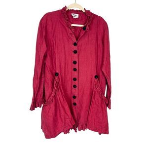Taylor G Linen Jacket Womens Small Red Button Front Ruffle Trim Lagenlook Coat